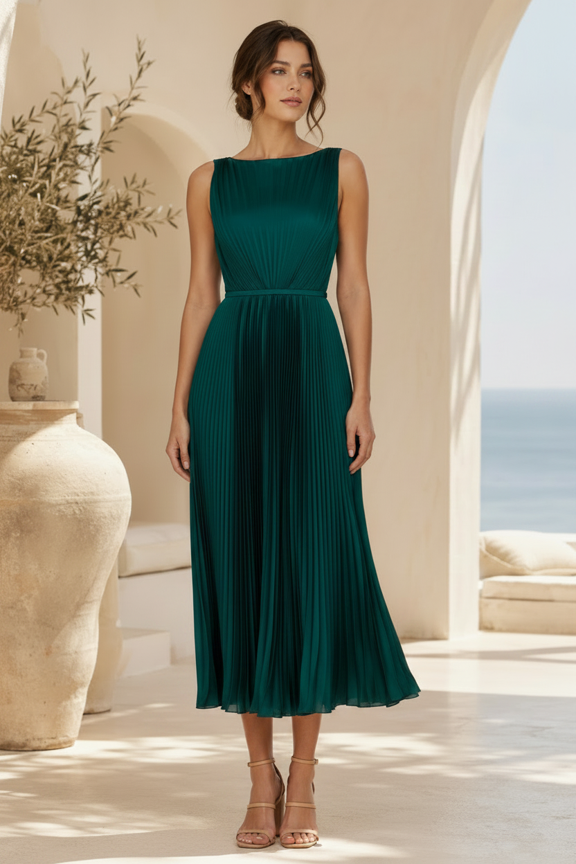 Vestido midi de raso plisado con línea A y cuello barco
