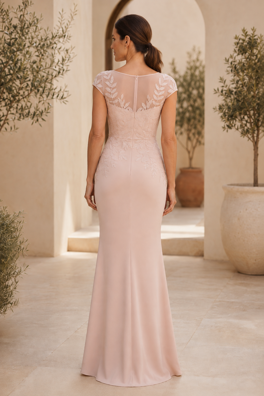 Vestido de noche sirena con encaje ilusorio y mangas casquillo
