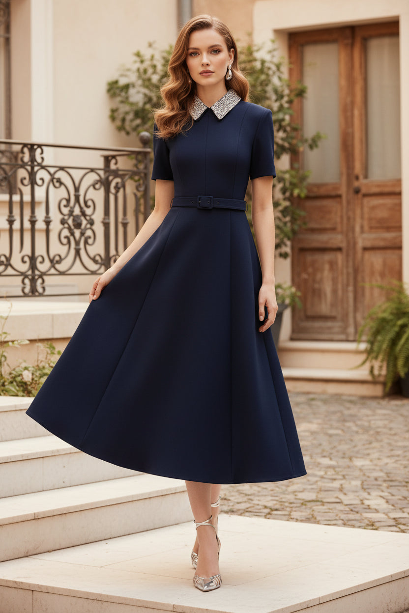 Vestido midi de corte A con cuello de cuentas