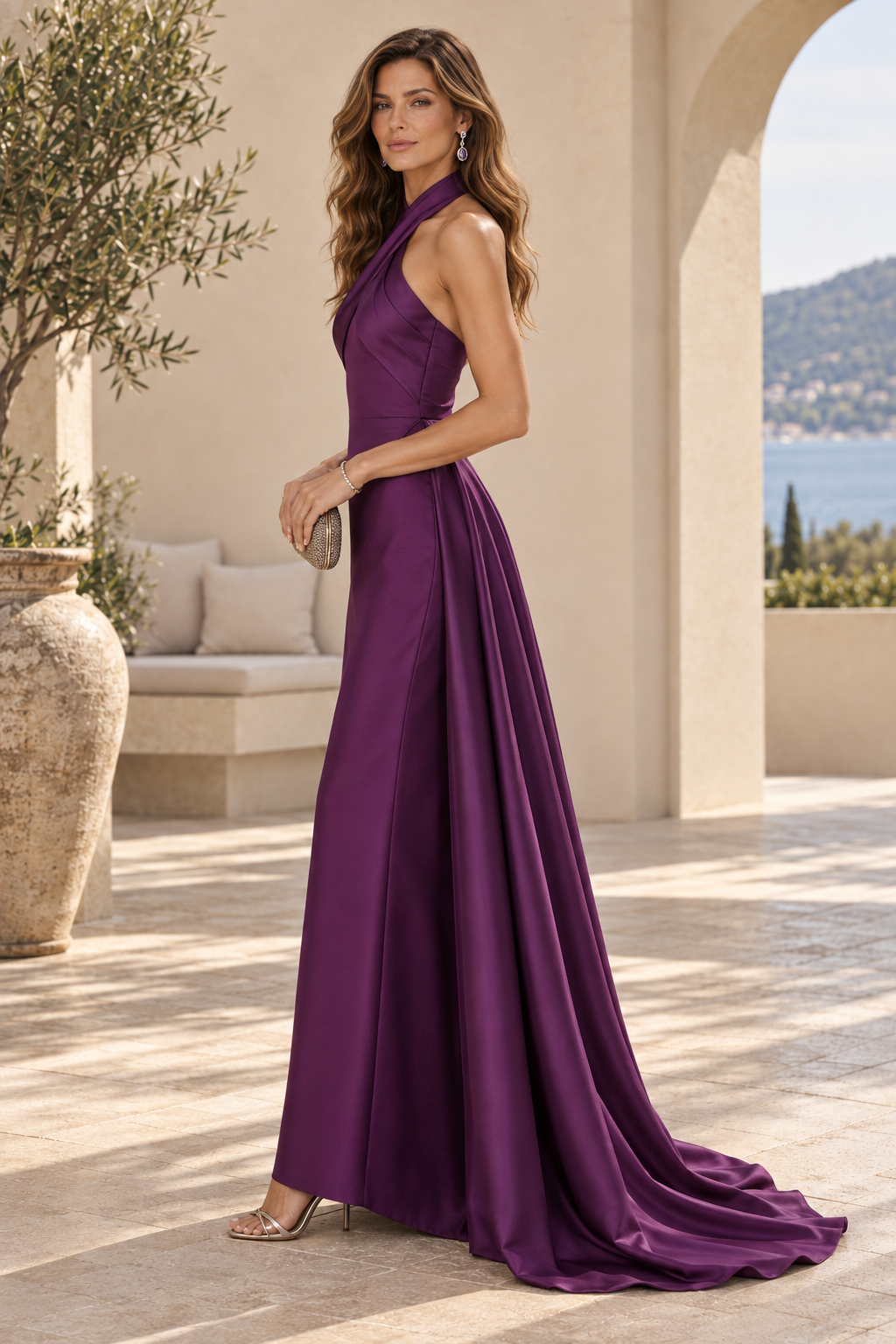 Cross Halter Neck Evening Gown with Overskirt