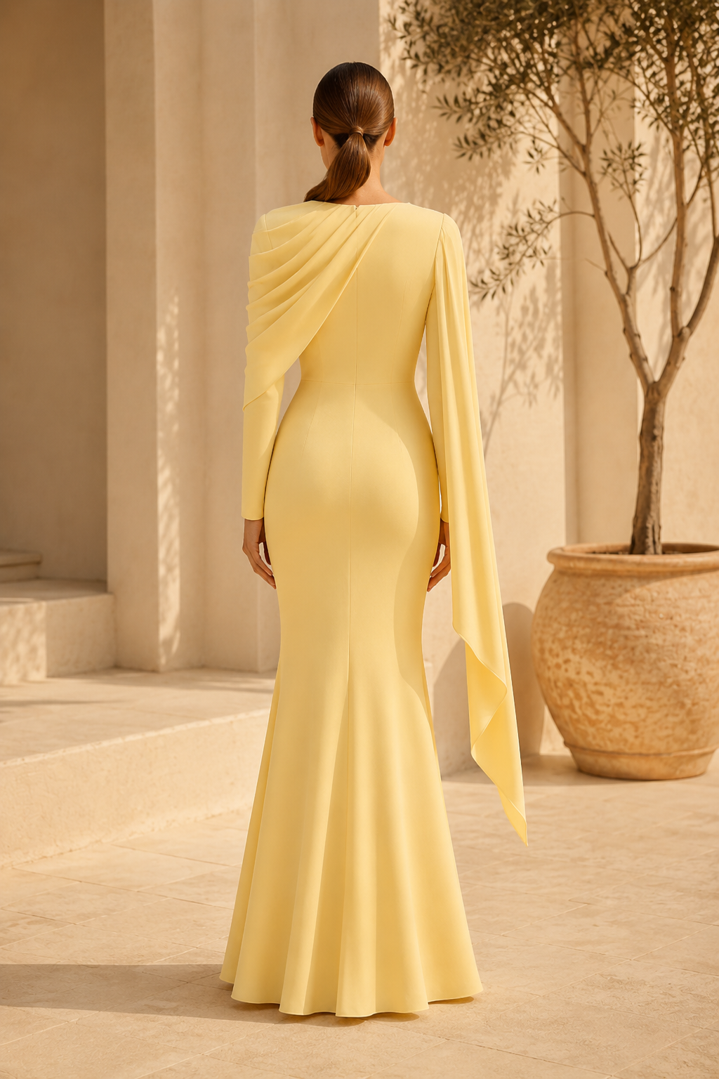 Vestido de Noche Sirena con Capa Drapeada en las Mangas