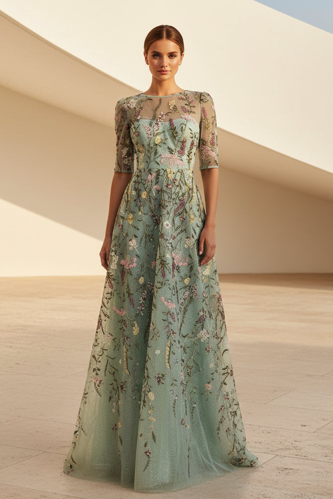Vestido de Noche en A de Tul Bordado