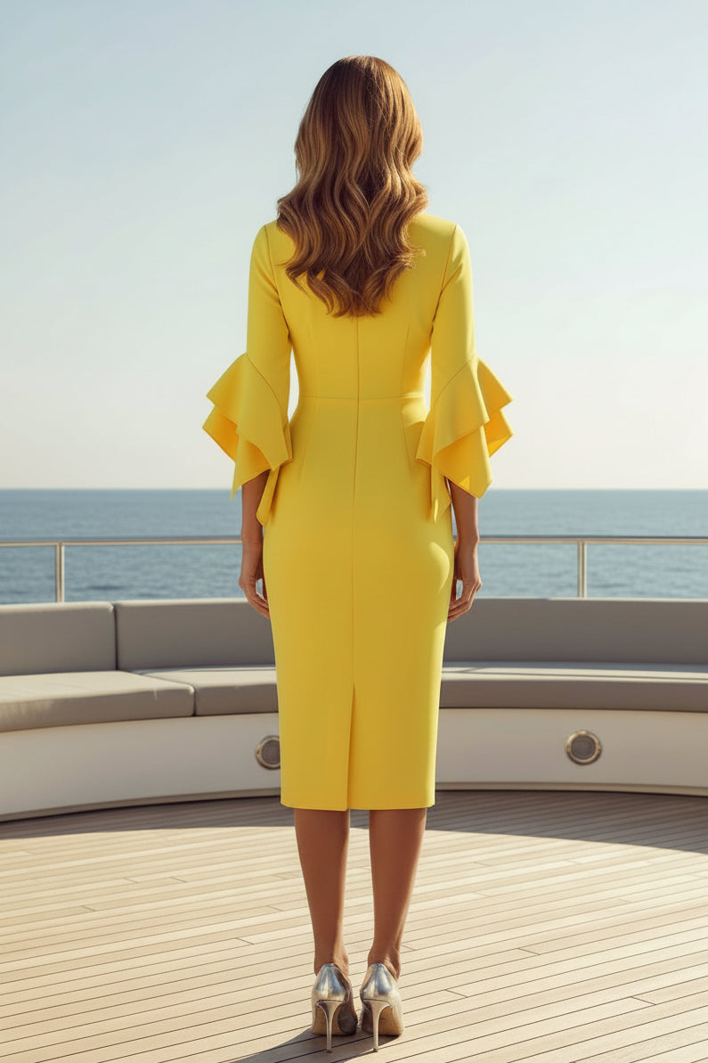 Vestido Tubo Midi con Mangas de Volantes Dramáticas