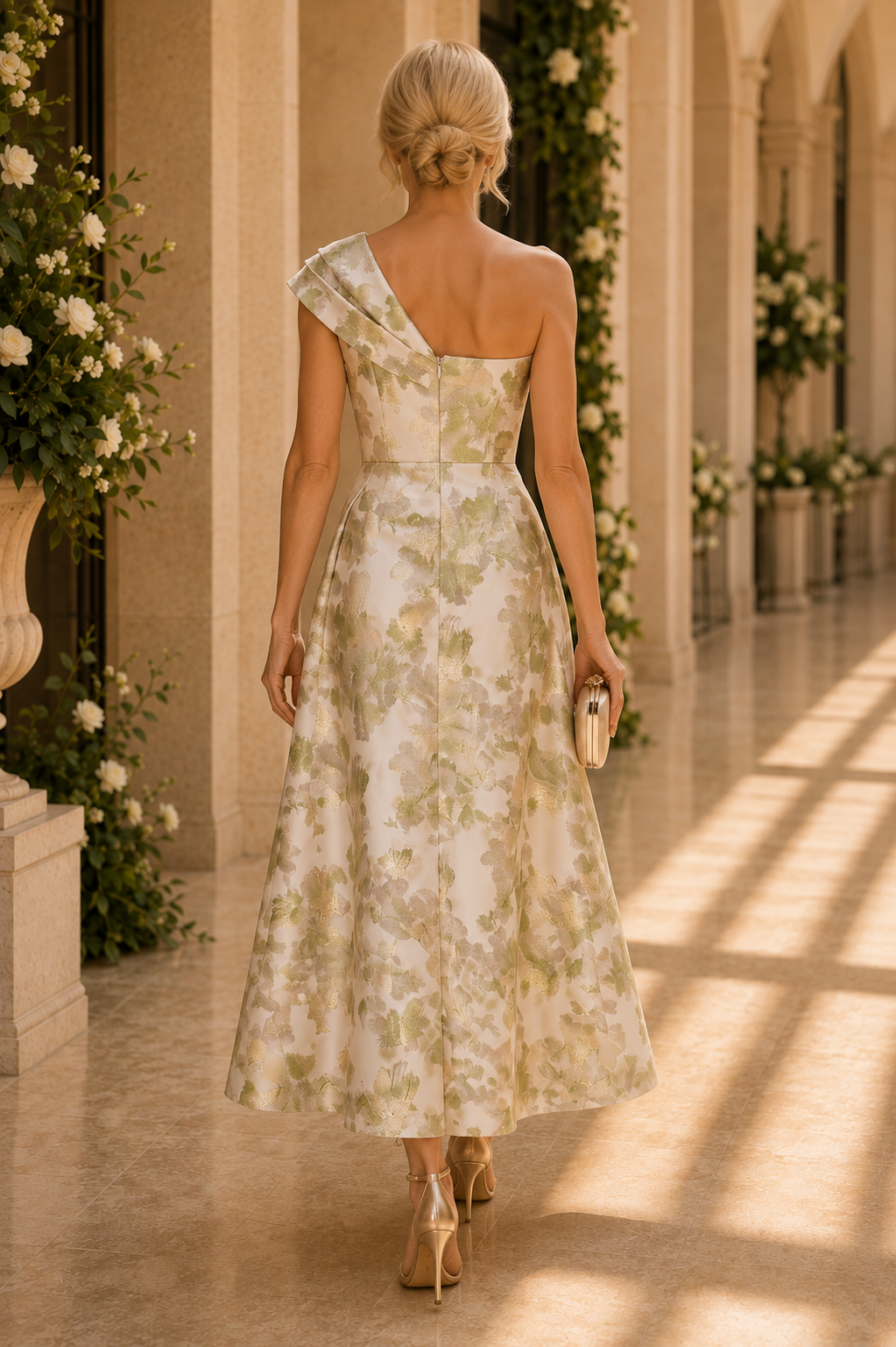 Vestido estilo jacquard floral asimétrico hasta el tobillo