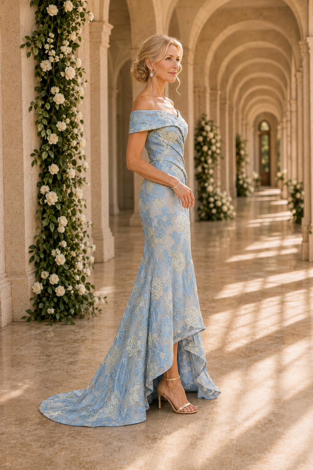 Vestido de noche asimétrico con estampado floral y escote Bardot