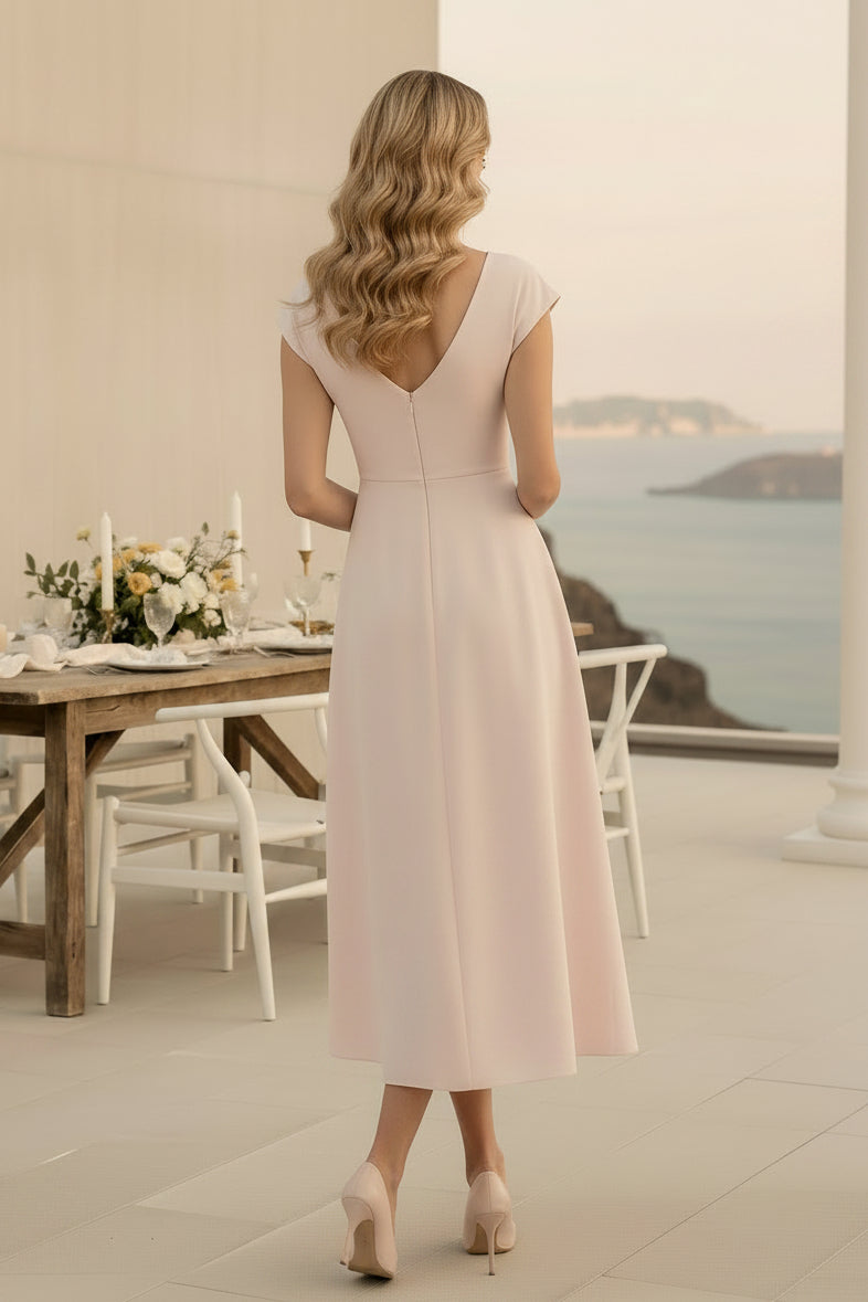 Vestido Midi con Aplicaciones, Escote en V y Manga Casquillo