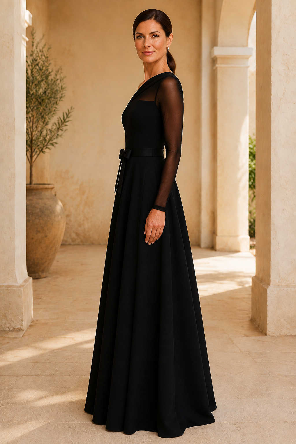 Vestido largo de corte A con ilusión de un solo hombro y manga larga