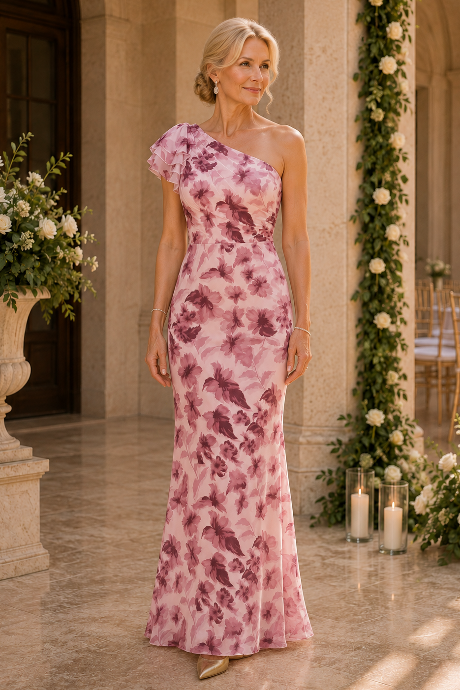 Maxivestido asimétrico con volantes y estampado floral