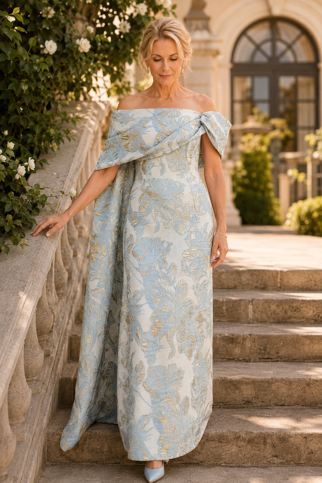 Vestido de brocado con hombros descubiertos y capa drapeada