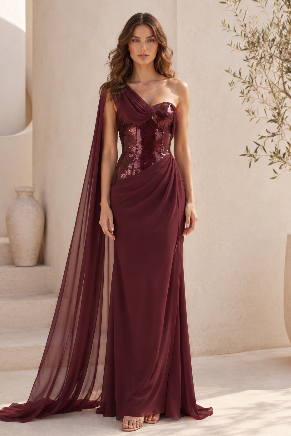 Vestido de noche corsé de lentejuelas con capa y un solo hombro