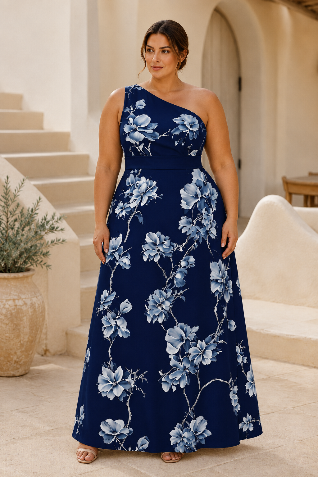 Maxivestido asimétrico con estampado floral y un hombro
