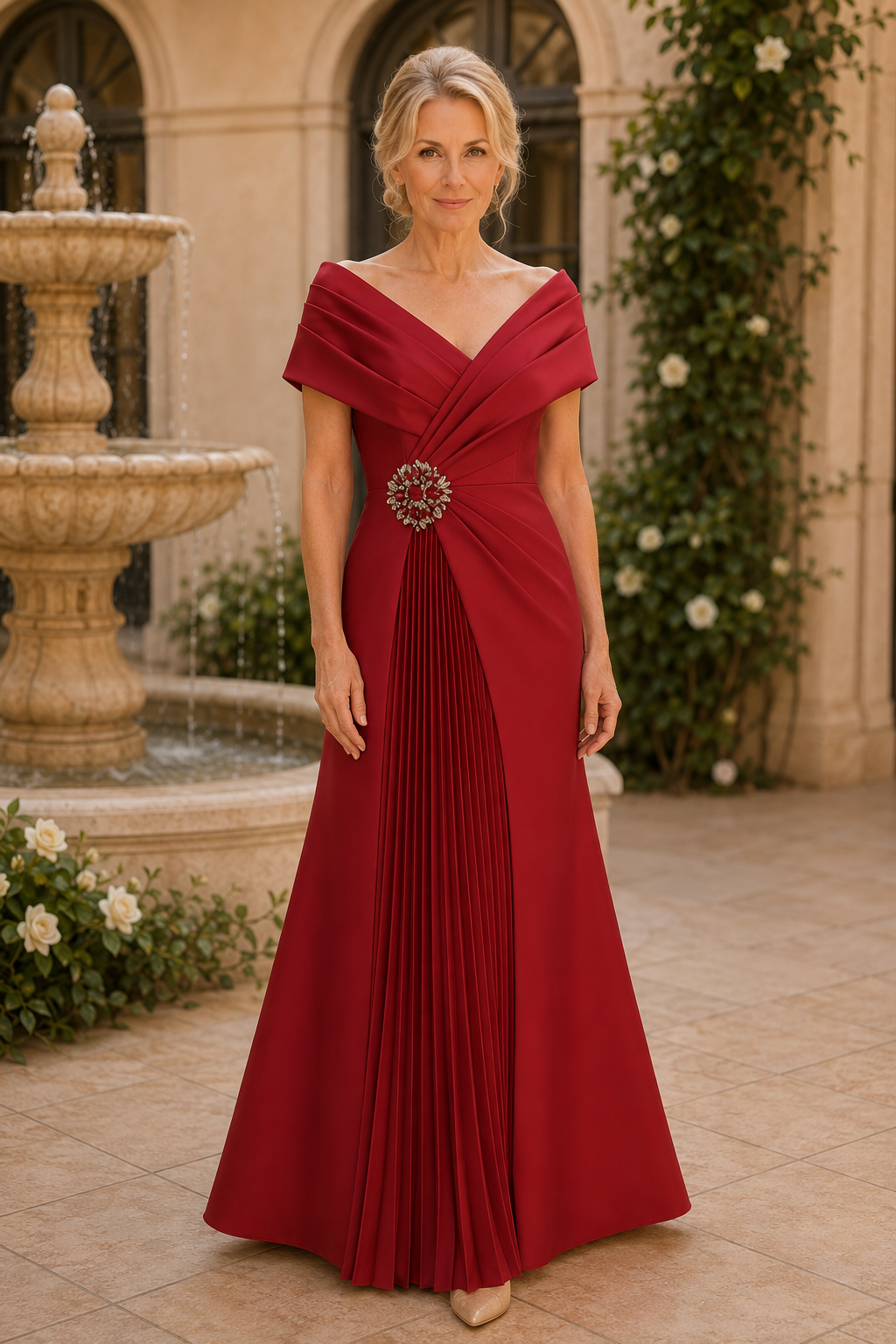 Vestido plisado con broche y hombros descubiertos