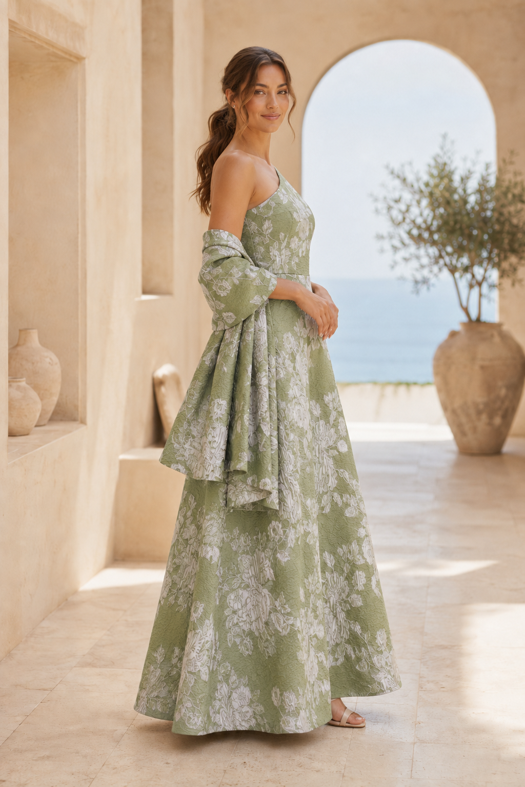 Vestido de jacquard floral con silueta A y un solo hombro con chal a juego