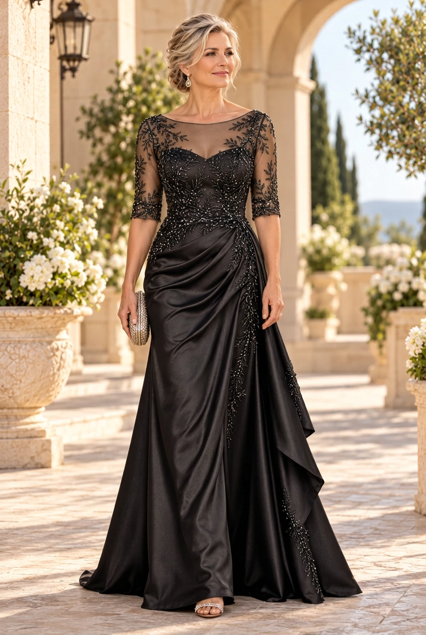 Embroidered Illusion Neckline Satin Gown