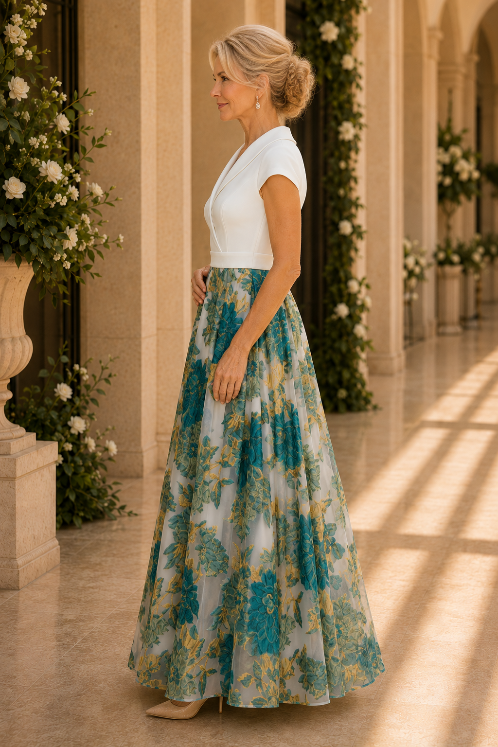 Vestido con cuello, escote en V, falda acampanada y estampado floral
