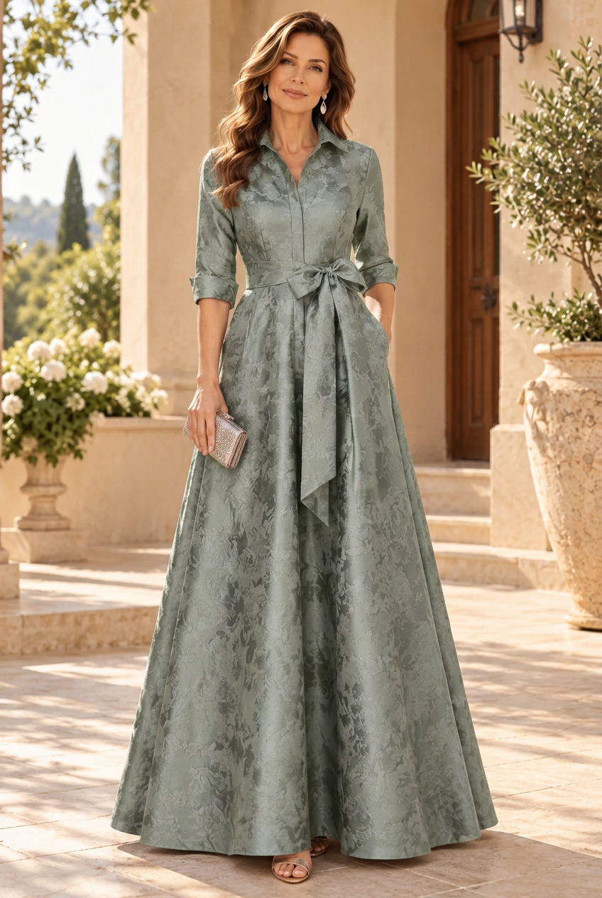 Collared Jacquard A-Line Gown with Sash Belt