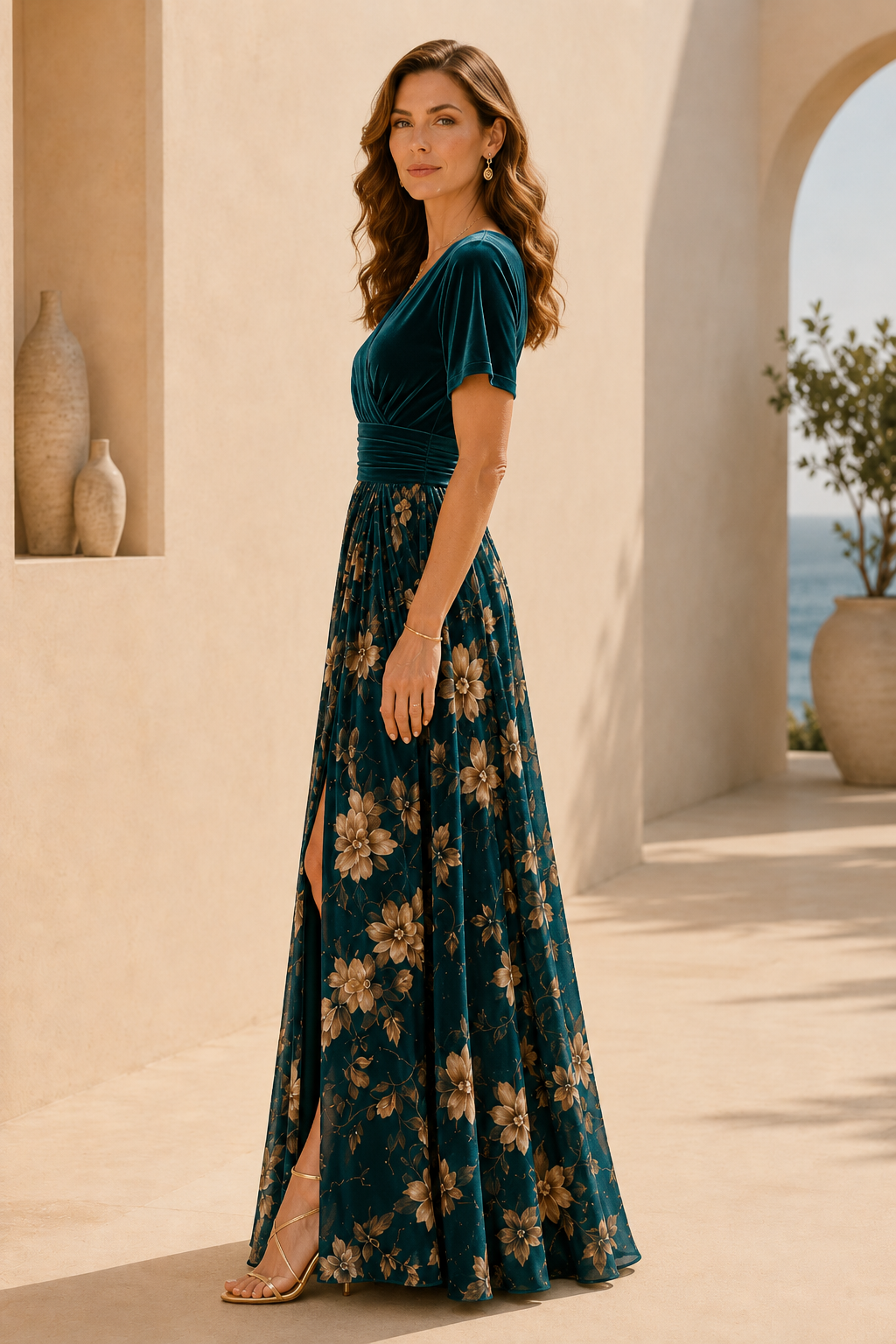 Vestido maxi de terciopelo con cuello en V floral y abertura