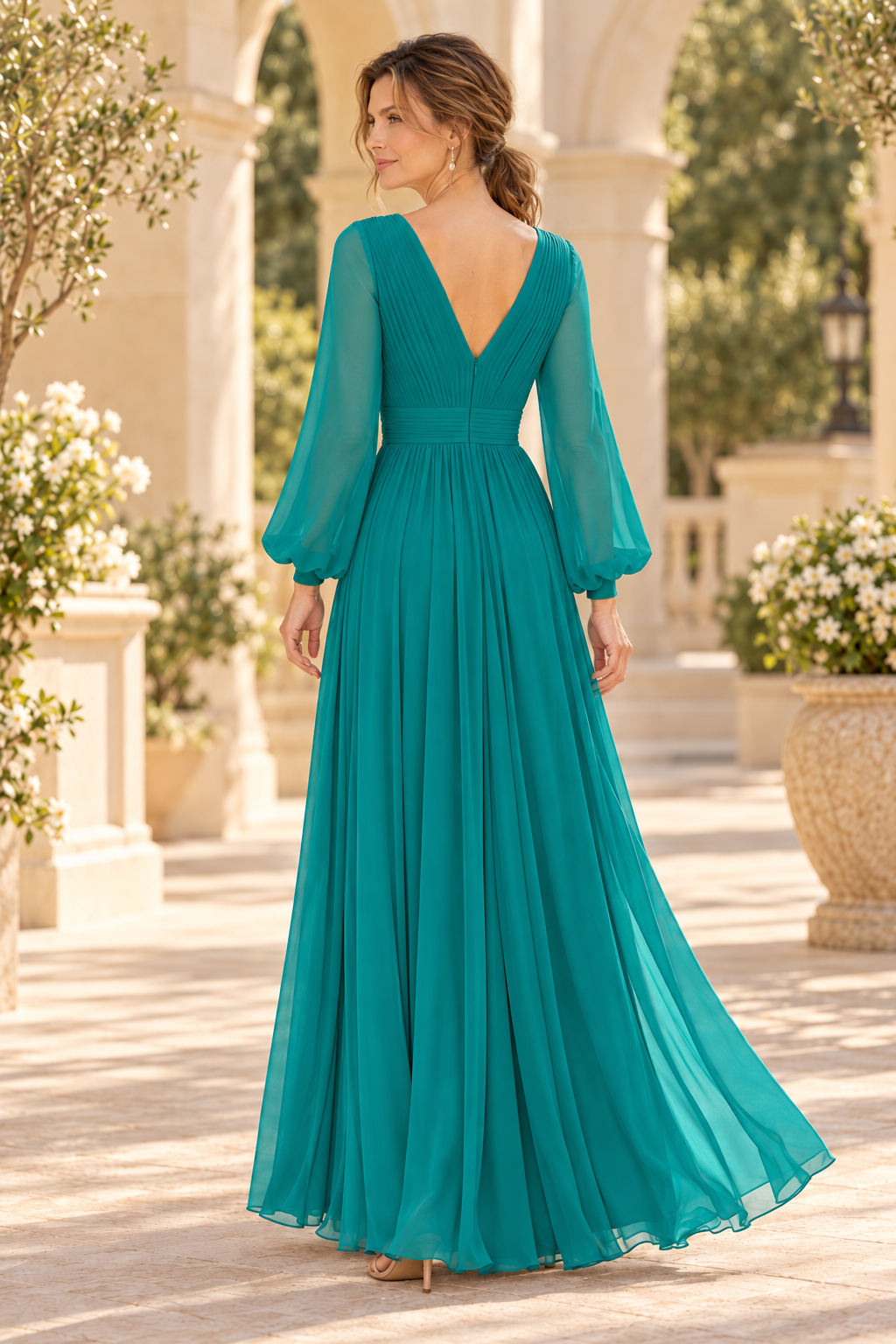 Pleated V-Neck Chiffon Gown with Long Bishop Sleeves