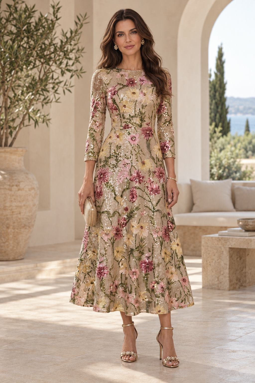 Floral Sequin Embroidered 3/4 Sleeve A-Line Midi Dress