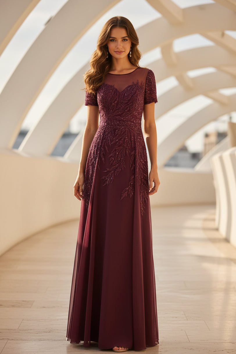 Vestido de noche acampanado de manga corta con ilusión