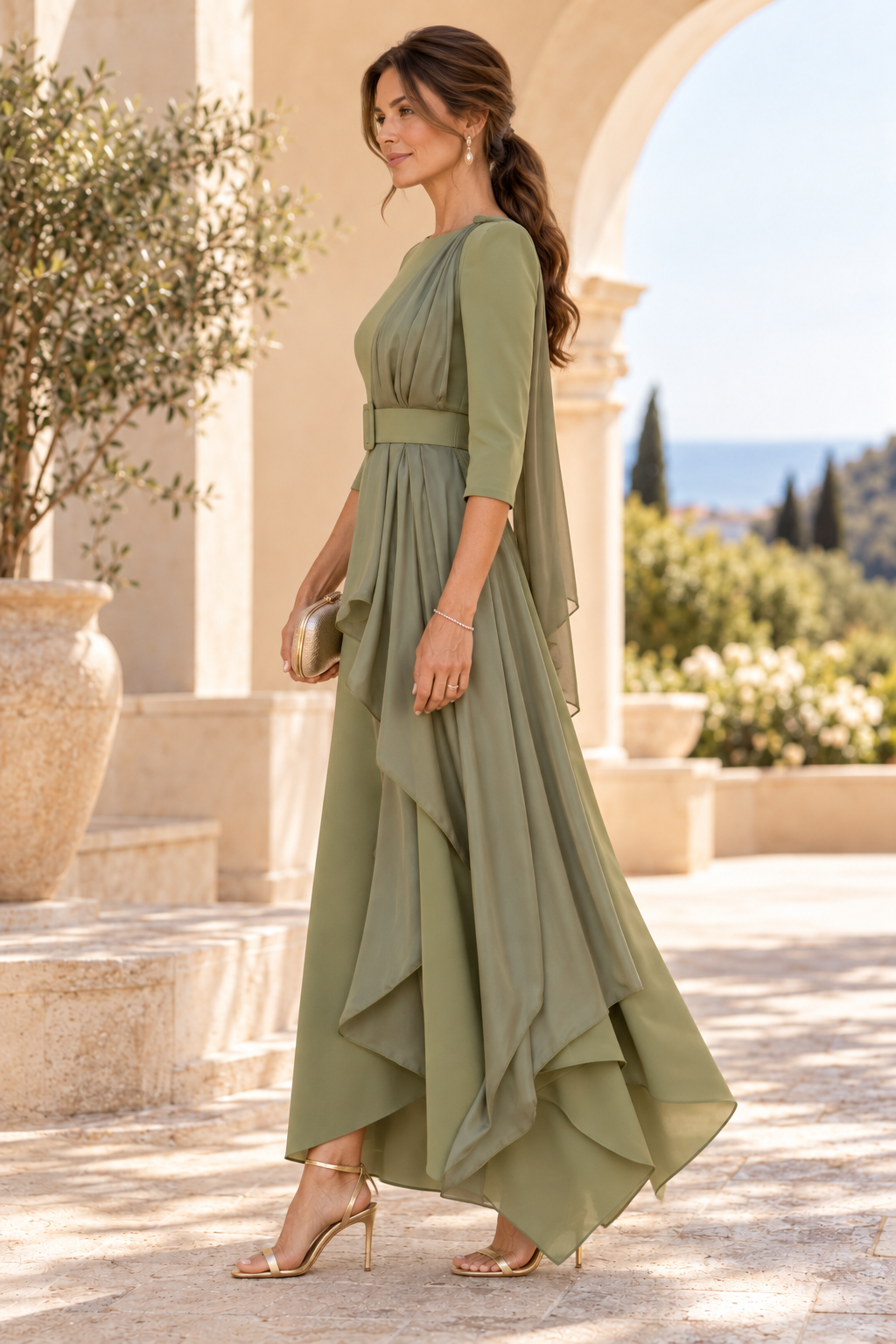 Draped A-Line Gown with Belt and 3/4 Sleeves