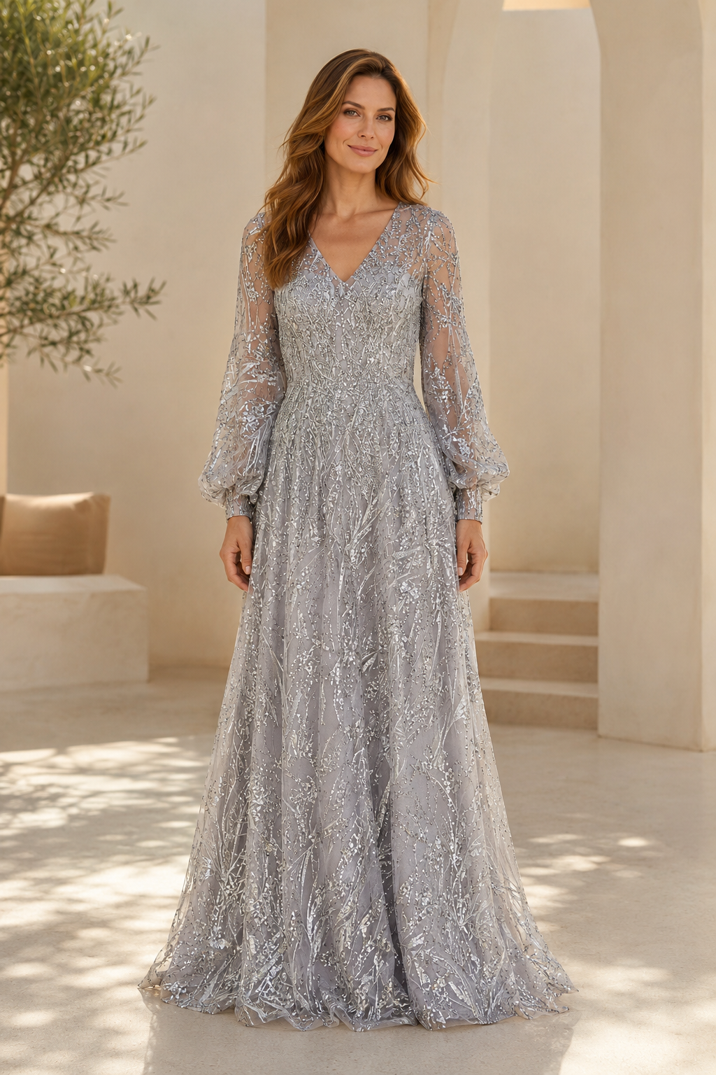 Vestido de noche largo con lentejuelas y manga larga ilusión corte A