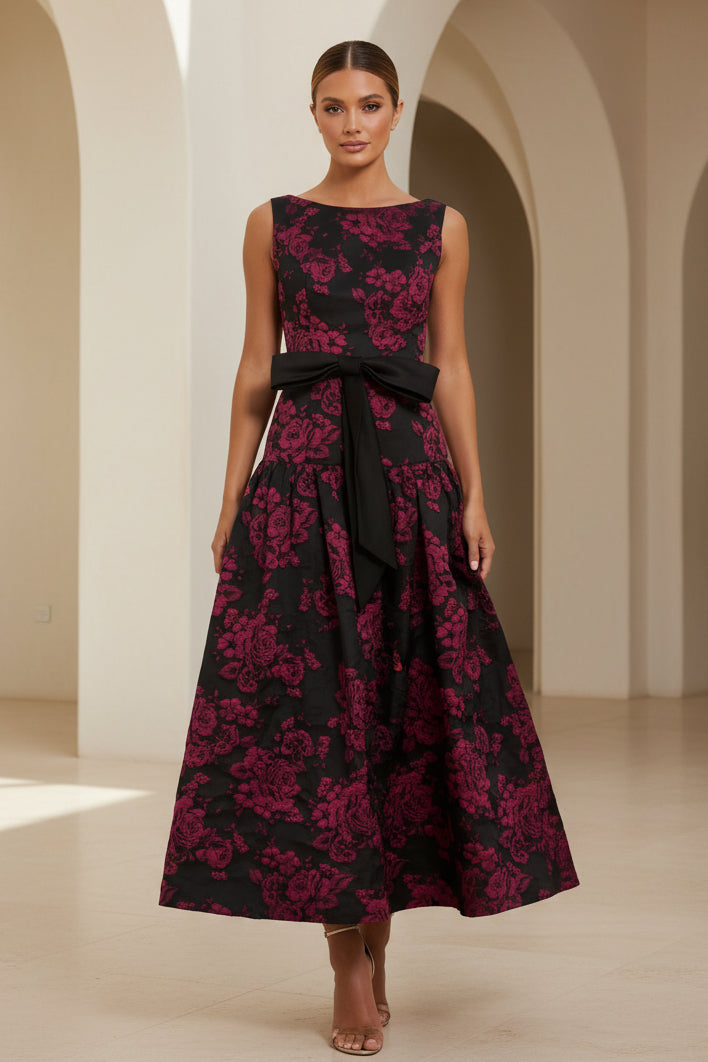 Vestido midi sin mangas con lazo de jacquard floral