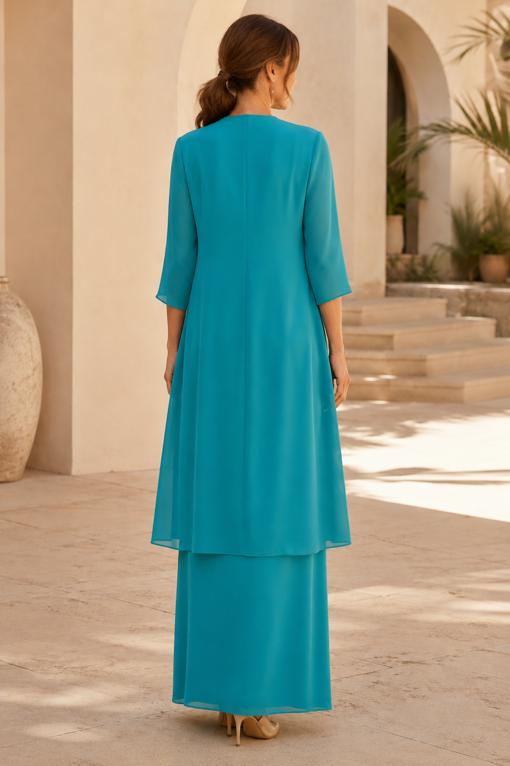 Vestido de noche estilo columna de gasa con chaqueta a juego