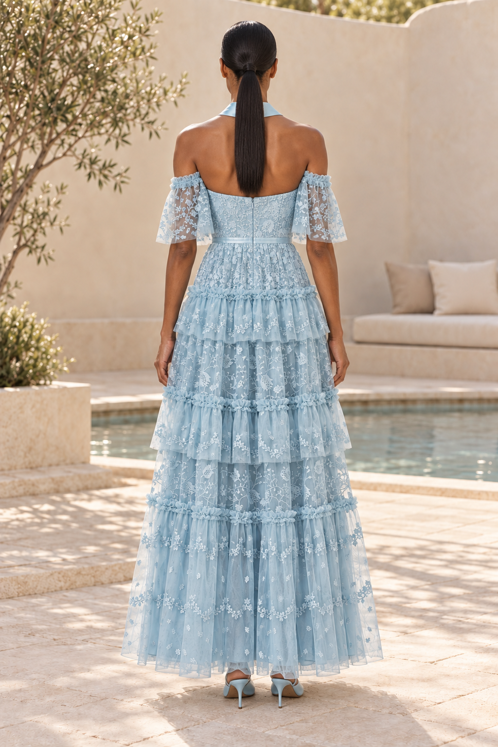 Tiered Floral Embroidered Halter Maxi Dress