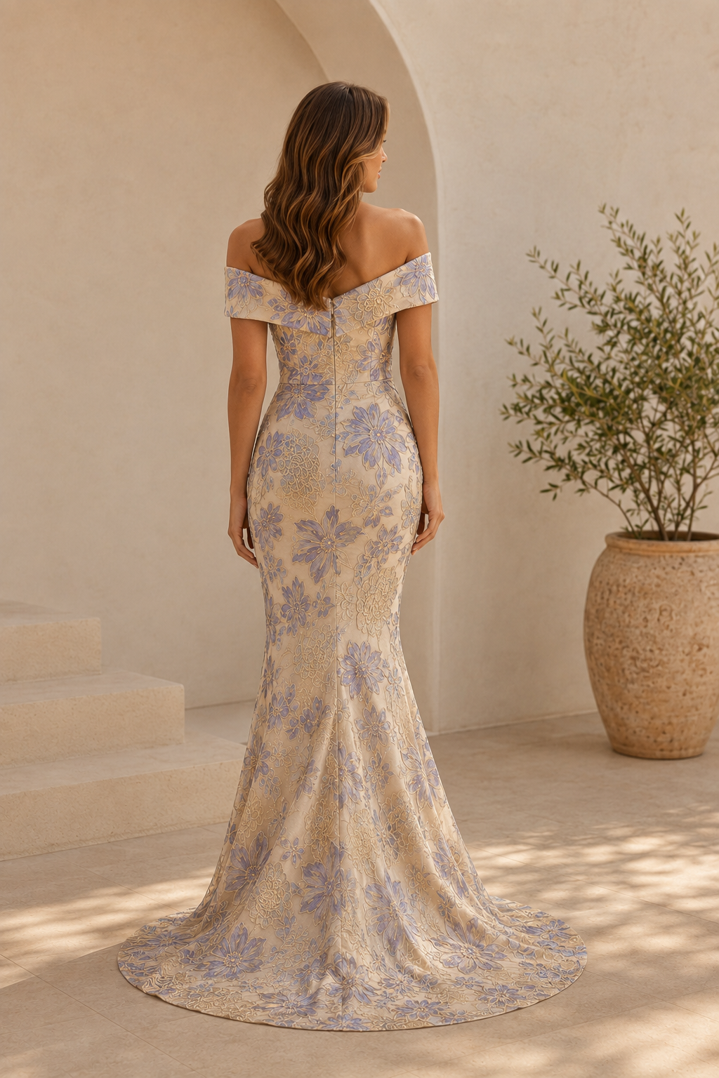 Vestido de noche estilo sirena de jacquard con hombros descubiertos