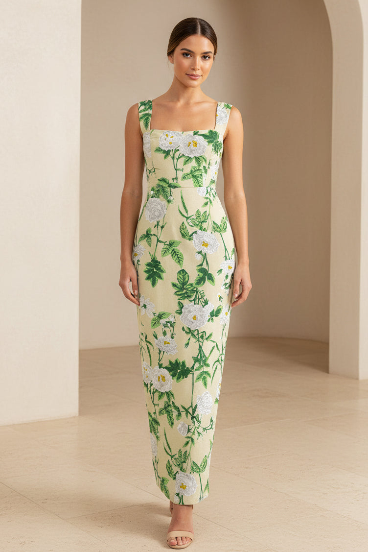 Vestido largo de corte columna con estampado floral y escote cuadrado