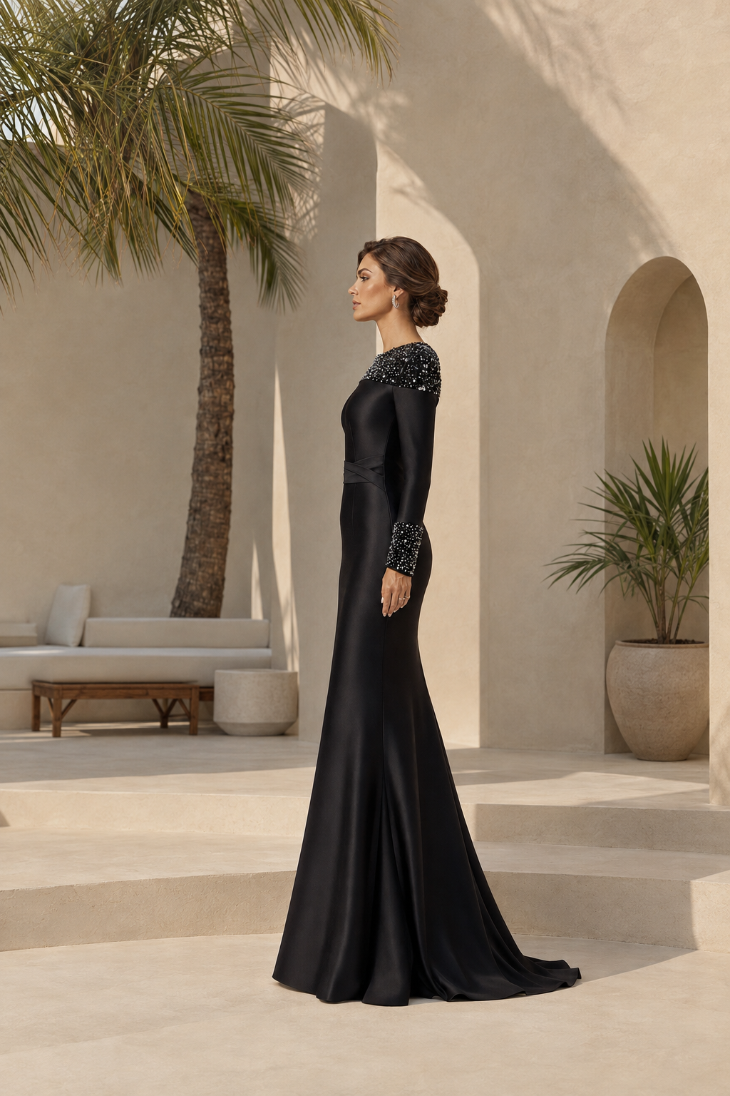 Vestido de noche largo de sirena con manga larga y pedrería