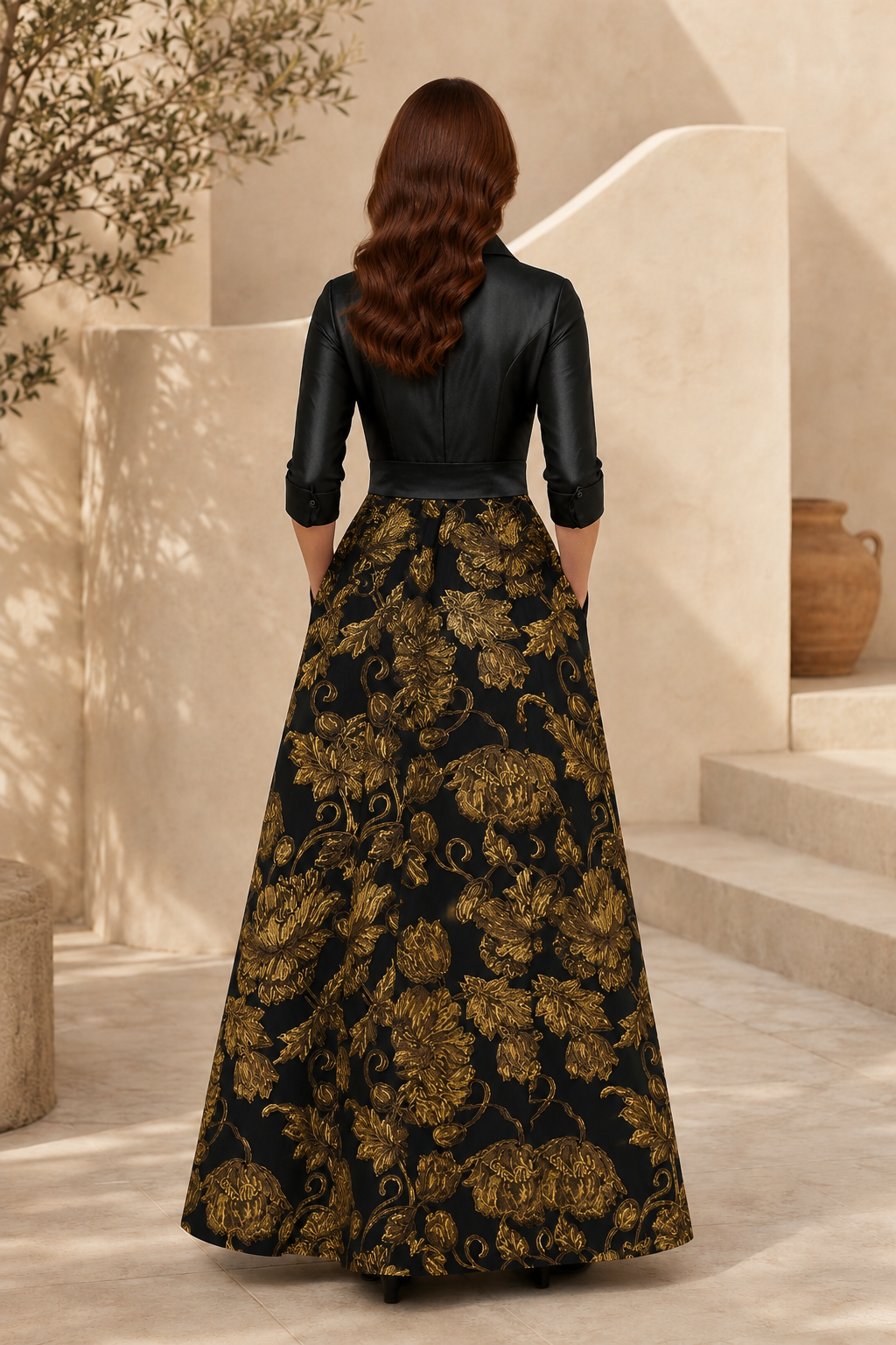 Vestido de gala con corpiño de satén y falda jacquard floral dorada