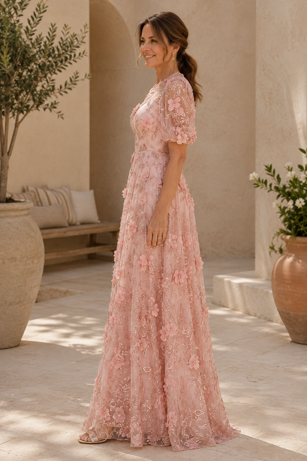 Vestido de Noche A-Line con Mangas Abullonadas y Aplicaciones Florales 3D