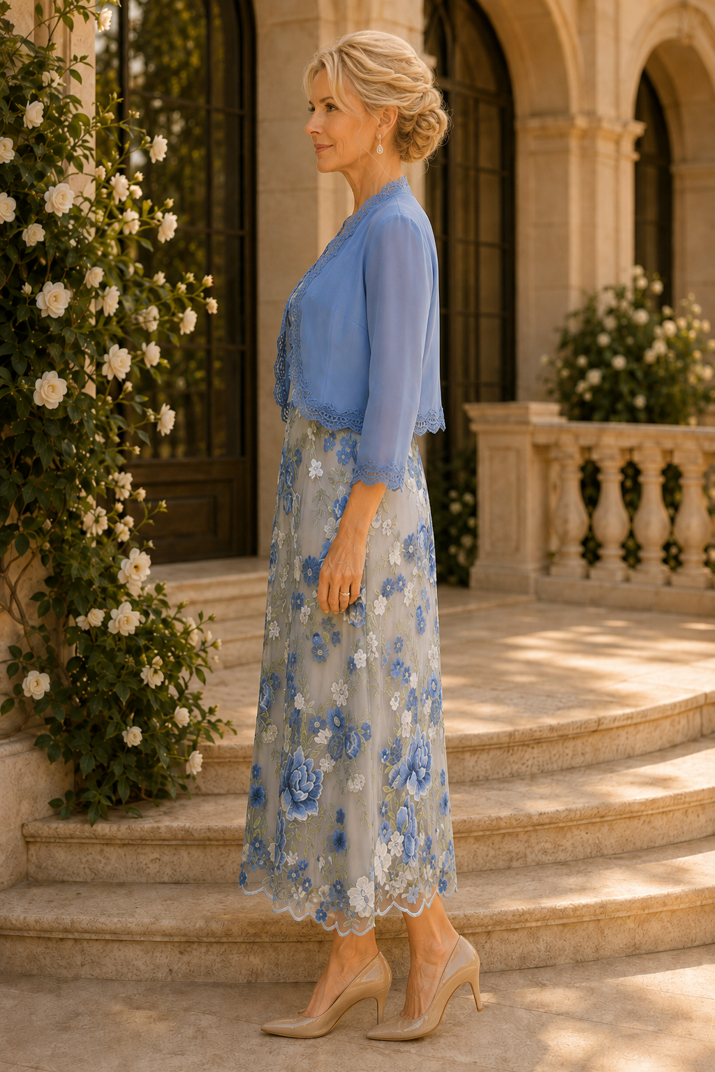Vestido hasta la rodilla con bordados florales y torera
