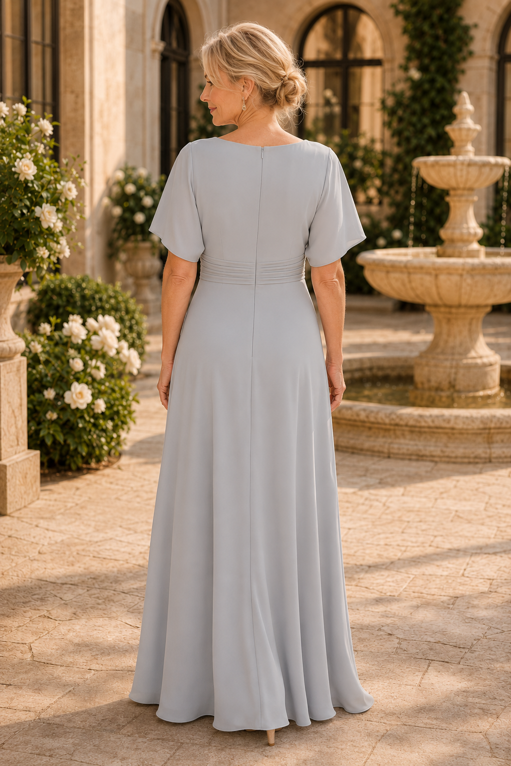 Vestido largo de vuelo acampanado con cintura plisada y escote en V