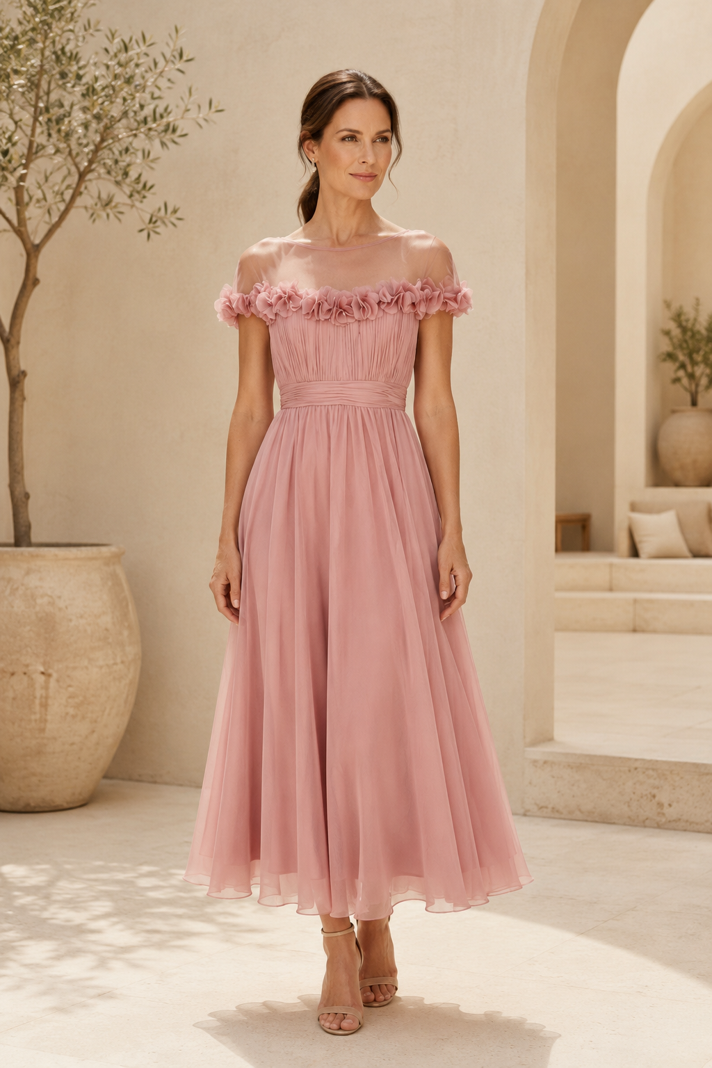 Vestido midi de chifón con escote ilusión y adorno floral en 3D
