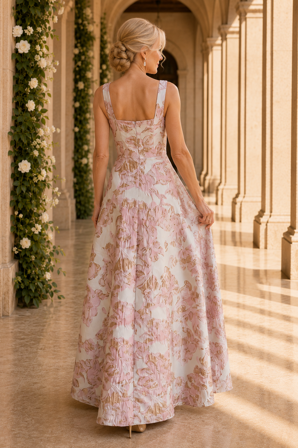 Vestido de jacquard floral con volante lateral en cascada