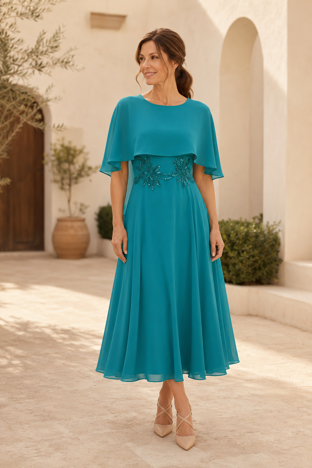 Vestido Midi de Gasa con Capa en Corte A y Cintura con Pedrería