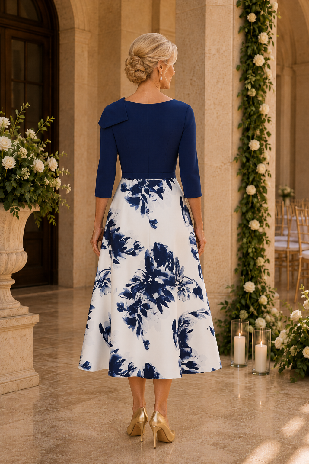 Vestido midi acampanado floral con lazo asimétrico