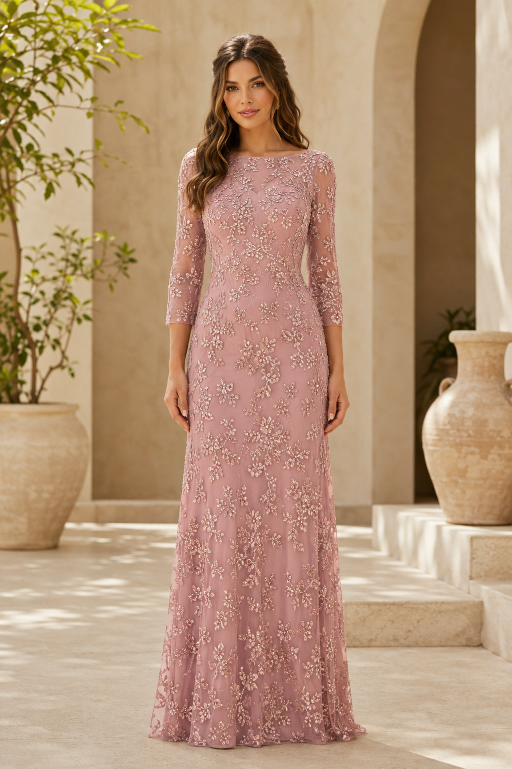 Vestido de noche de encaje con escote barco y manga 3/4