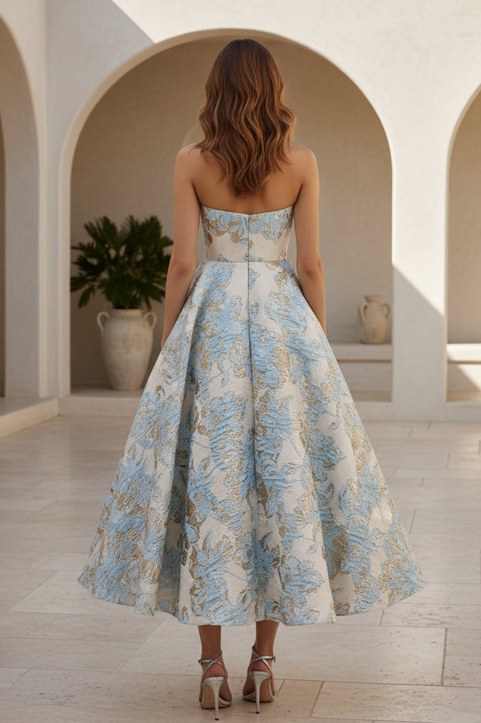 Vestido Midi A-Line de Jacquard Metalizado Sin Tirantes