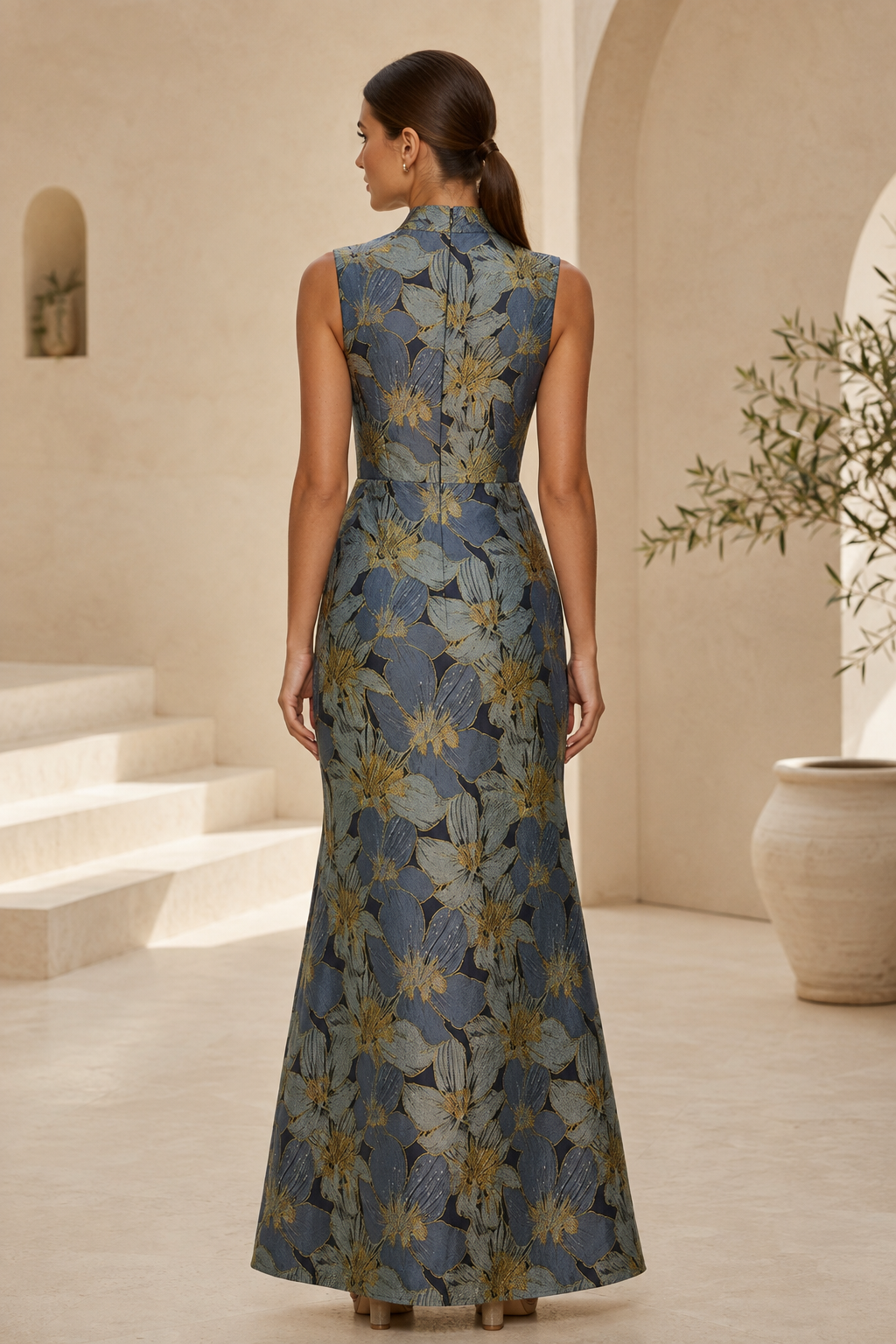 Vestido largo sin mangas de jacquard floral con cuello alto y fajín