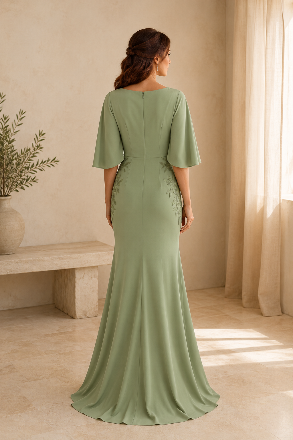 Vestido de noche sirena con mangas mariposa y bordado de enredadera