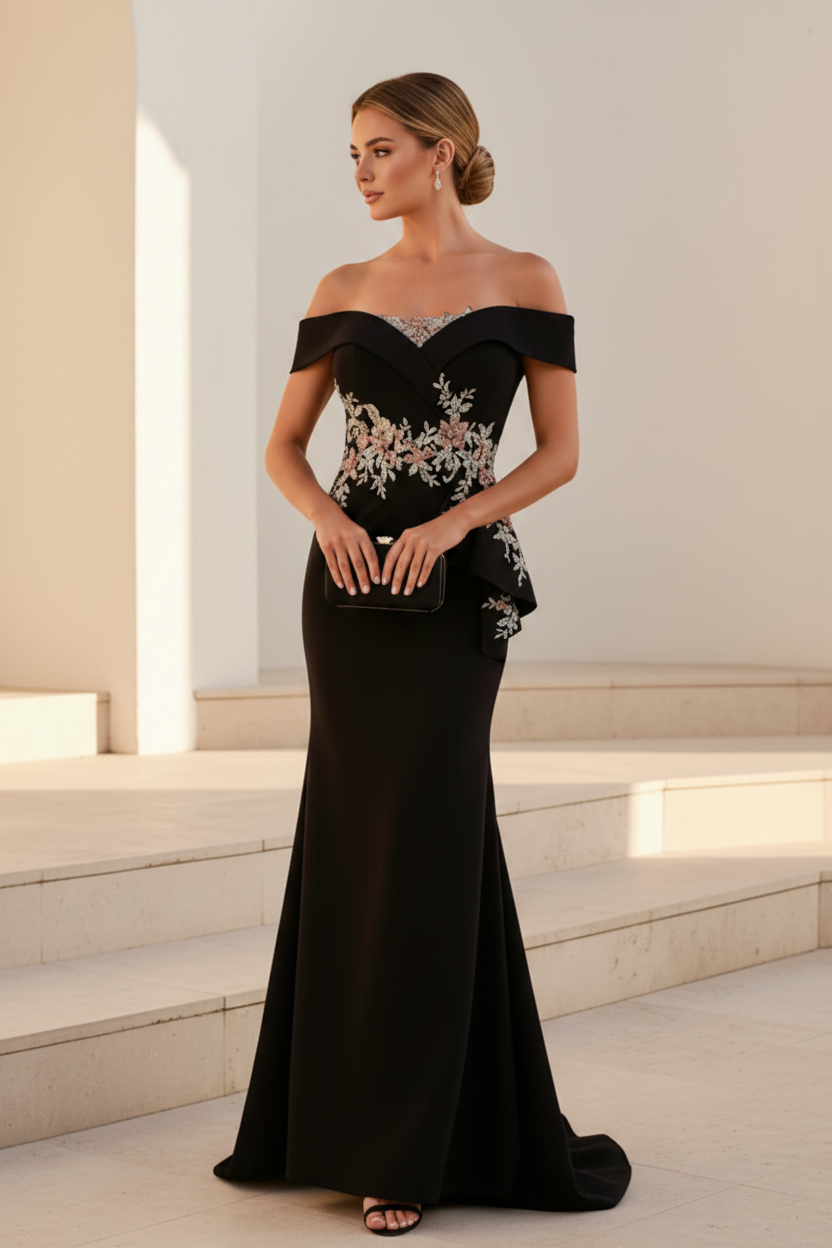 Vestido de sirena con hombros descubiertos y bordados