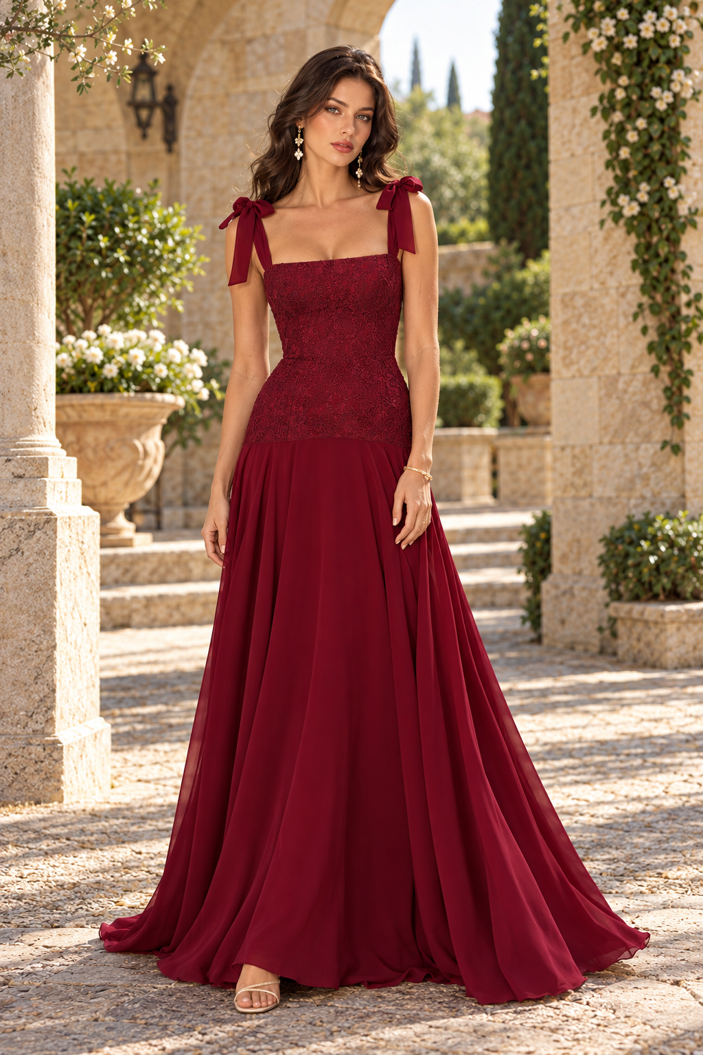Lace Bodice Tie-Strap Chiffon Maxi Dress
