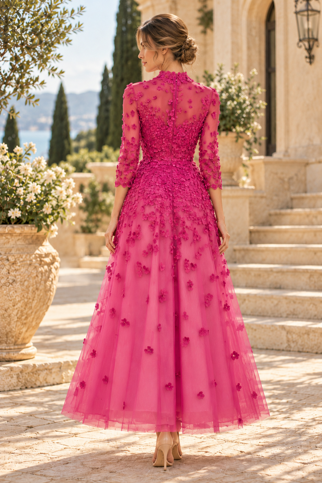 3D Floral Applique Ankle-Length A-Line Dress