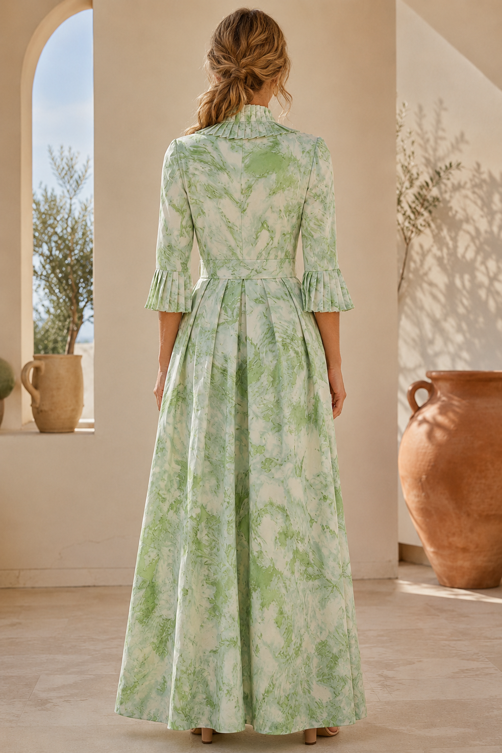 Vestido largo con volantes plisados, escote en V y cinturón