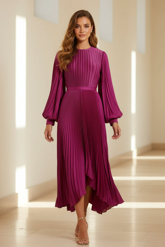 Vestido midi asimétrico plisado de manga larga