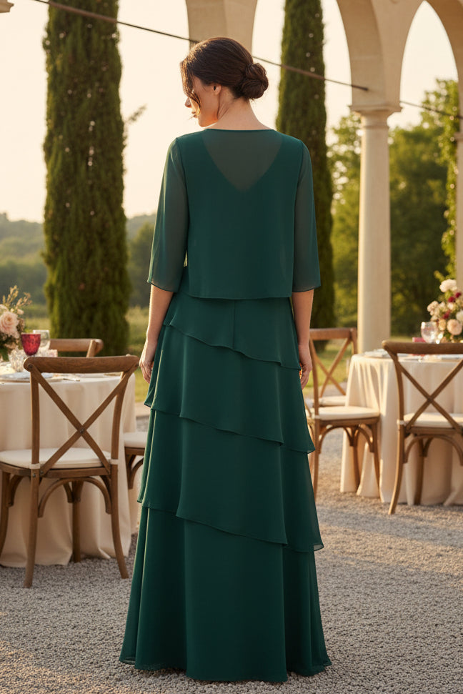 Elegante vestido de gasa escalonado con cuello en V y chaqueta